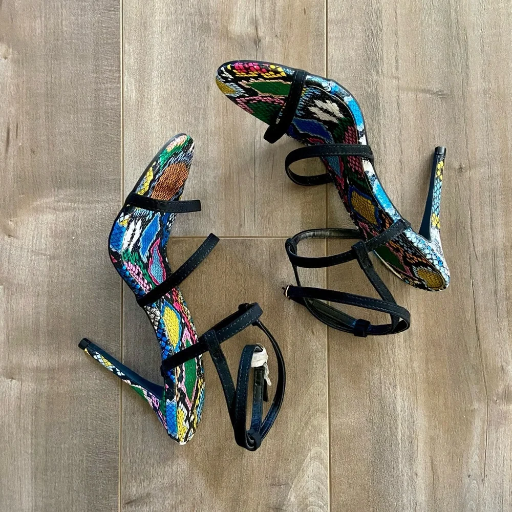 Anne Michelle Black Ankle Strap Snakeskin Heels